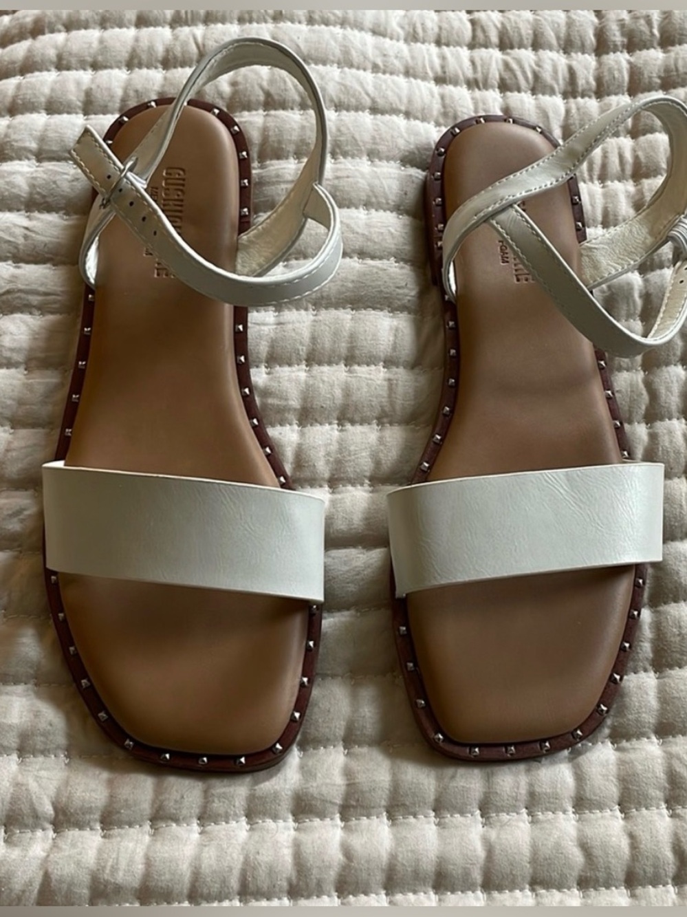White Stud-Trim Ankle-Strap Sandals